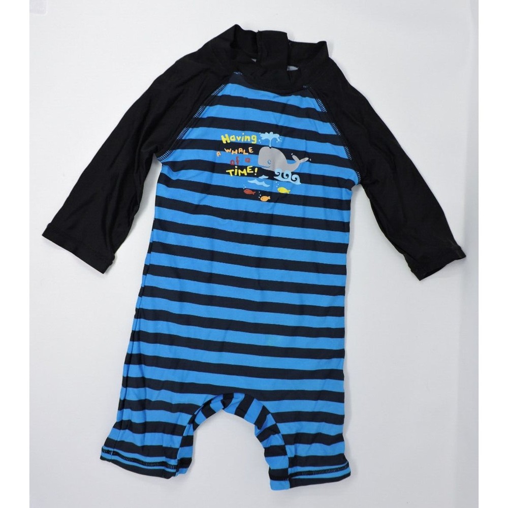 Bonverano Baby Swim One piece Zip 18-24 Months Blue Blacke Striped Whale of Time